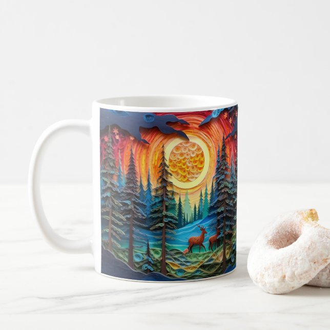 3D Looking Printed Deer in Forest Sunset Coffee Mug (With Donut)