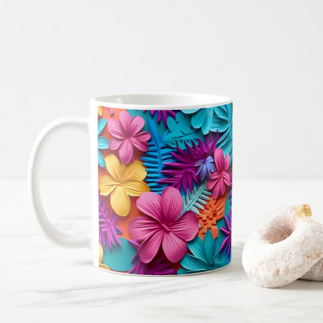 3D Looking Printed Hawaiian Tropical Flowers Coffee Mug (With Donut)