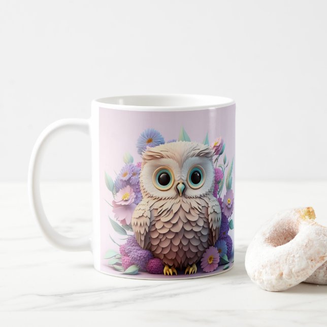 3D Looking Printed White Owl Bird Coffee Mug (With Donut)