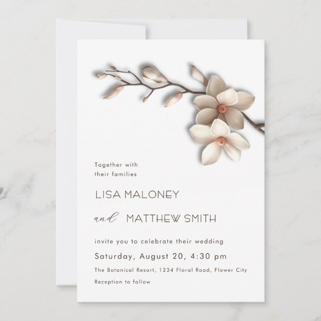3D Magnolia Flowers Wedding Invitation (Front)