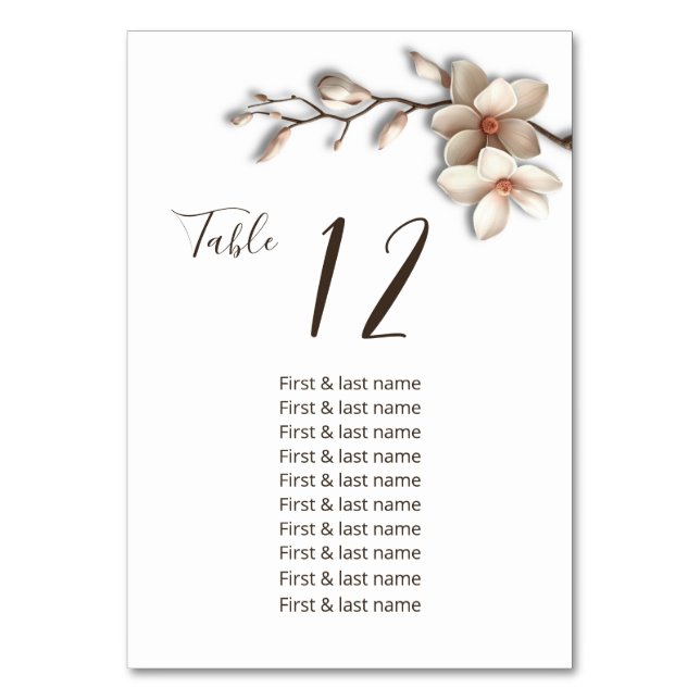 3D Magnolia Flowers White Wedding  Seating Chart Table Number (Front)