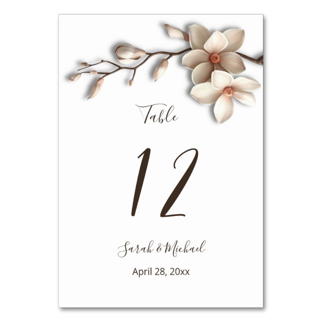 3D Magnolia Flowers White Wedding   Table Number (Front)