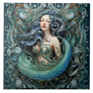 3D Mermaid, Aqua Marine Art nouveau style Tile