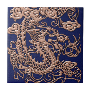 3D Metallic Dragons on royal blue Leather Print Tile