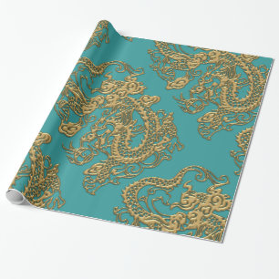 3D Metallic Dragons on Teal Leather Print Wrapping Paper