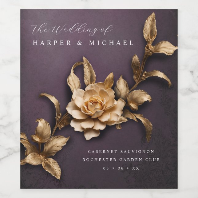 3d metallic flowers personalised wedding wine label (Single Label)