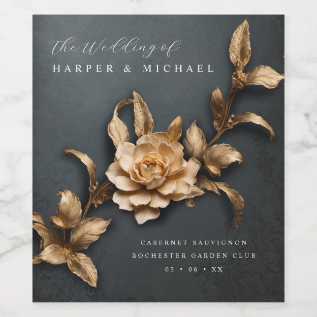 3d metallic flowers personalised wedding wine label (Single Label)