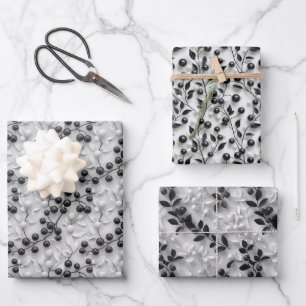 3D Mistletoe Pattern with Leaf Outlines Wrapping Paper Sheet