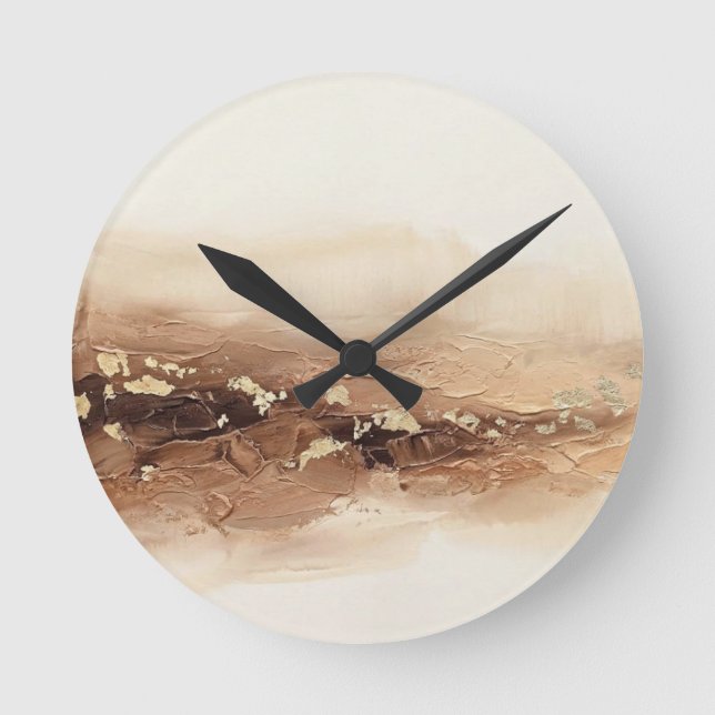 3D Modern Earthy Beige Copper Gold Foil Abstract Round Clock (Front)