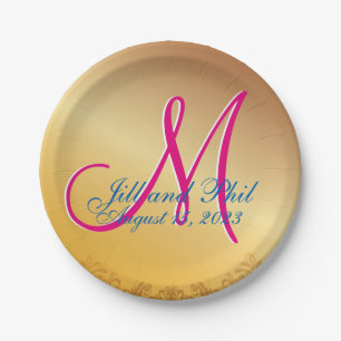 3d Monogram Gold Damask Paper Plate