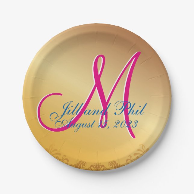 3d Monogram Gold Damask Paper Plate (Front)