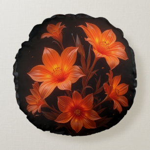 3d neon burnt orange flowers on black background round cushion