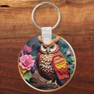 3D Owl with Flowers himsical Nature-Inspired Key Ring