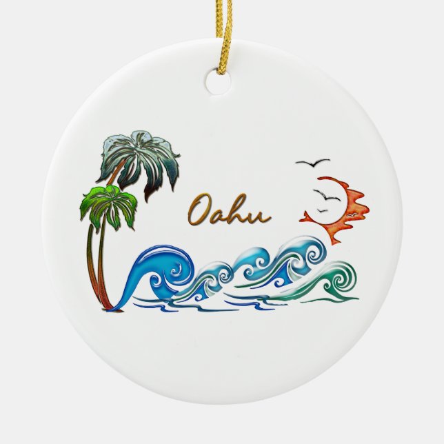 3d Palms, Waves & Sunset OAHU Ceramic Tree Decoration (Front)