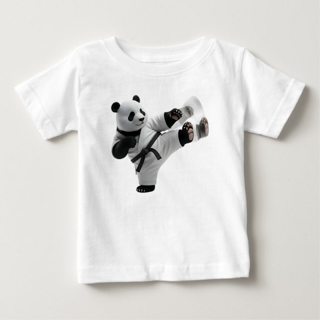 3D Panda Performing Dynamic Karate Kick Baby T-Shirt (Front)