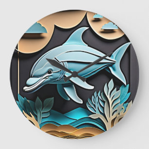 3D Paper Art Dolphin Design T-shirt  Large Clock