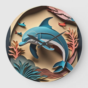 3D Paper Art Dolphin Design T-shirt Large Clock