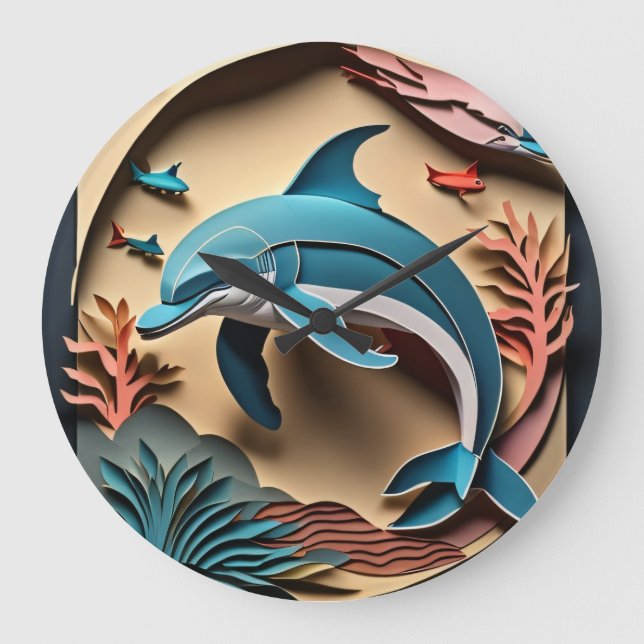 3D Paper Art Dolphin Design T-shirt  Large Clock (Front)