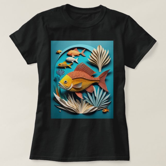 3D Paper Art Fish Design T-shirt  (Design Front)