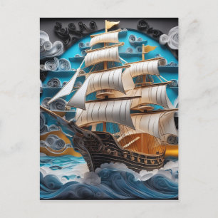 3d paper art,sailing ship in stormy ocean holiday postcard