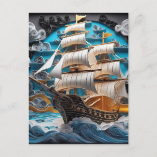  3d paper art,sailing ship in stormy ocean holiday postcard
