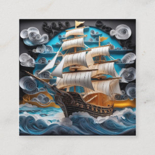 3d paper art,sailing ship in stormy ocean square business card