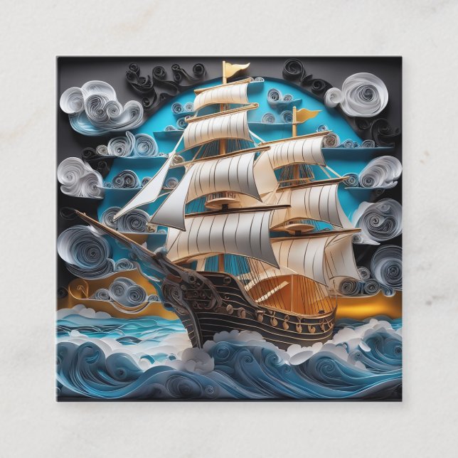  3d paper art,sailing ship in stormy ocean square business card (Front)
