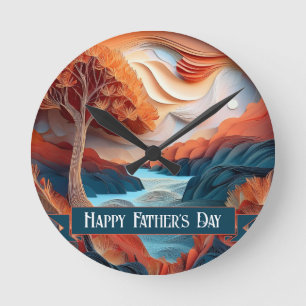 3D Paper Art Trees River Father's Day Round Clock