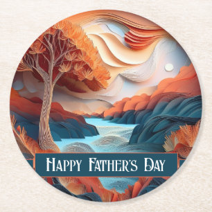 3D Paper Art Trees River Father's Day Round Paper Coaster