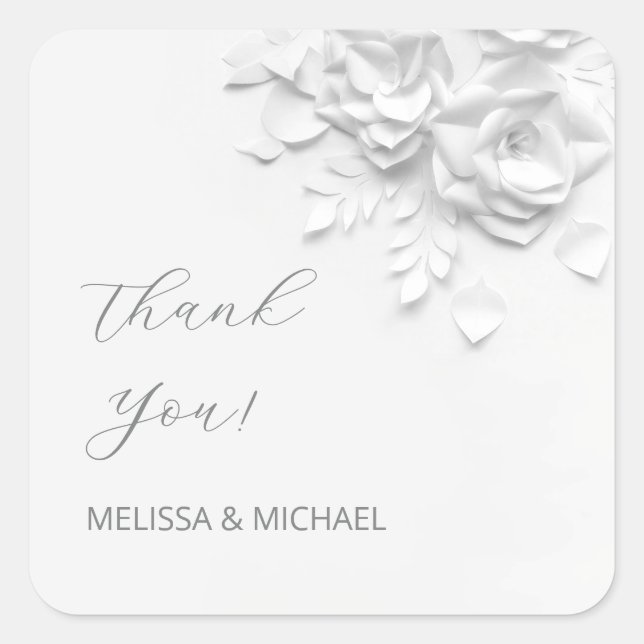3D Paper Cut Roses Wedding Thank You Square Sticker (Front)