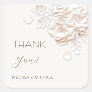 3D Paper Cut Roses Wedding Thank You Square Sticker