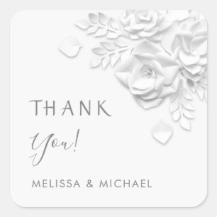 3D Paper Cut Roses Wedding Thank You Square Sticker