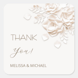 3D Paper Cut Roses Wedding Thank You Square Sticker