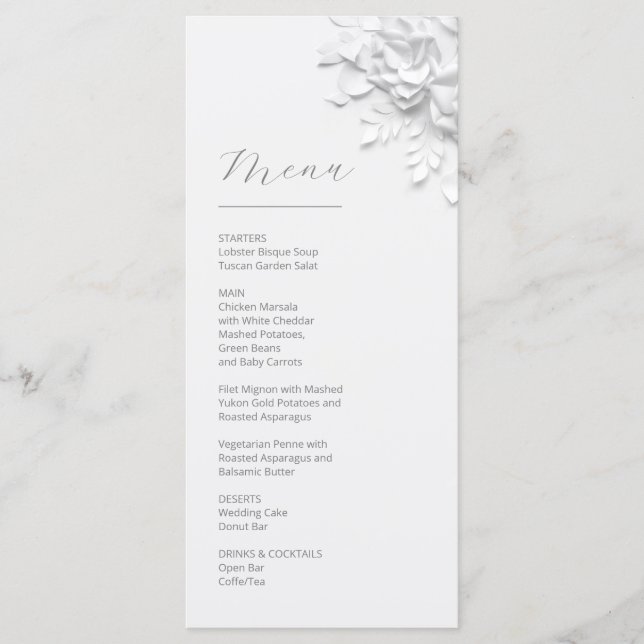 3D Paper Cut White Roses Menu (Front)