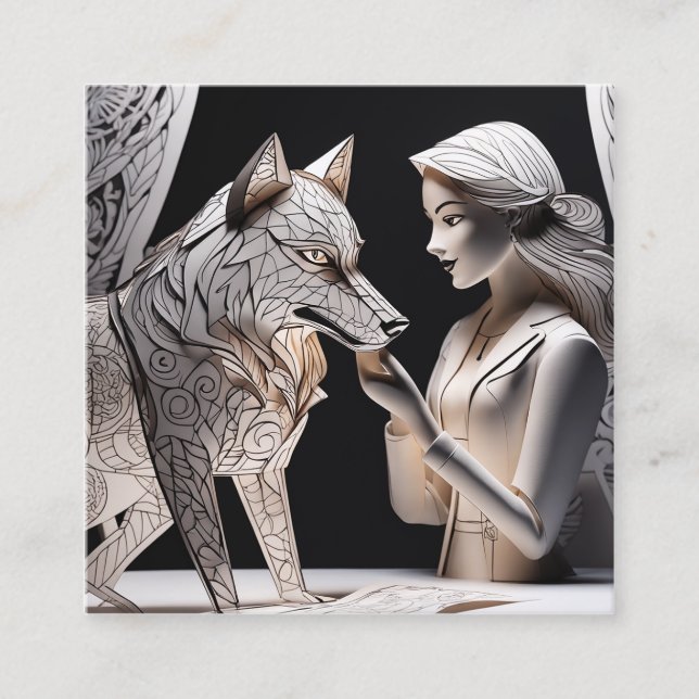 3D Paper puppet drama, wolf and girl Square Business Card (Front)