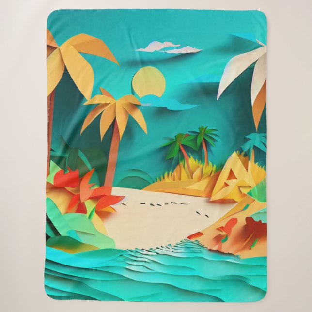 3D Papercraft Tropical Beach Sherpa Blanket (Front)