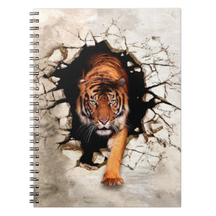 3d picture tiger emerges from the destroyed wallti notebook