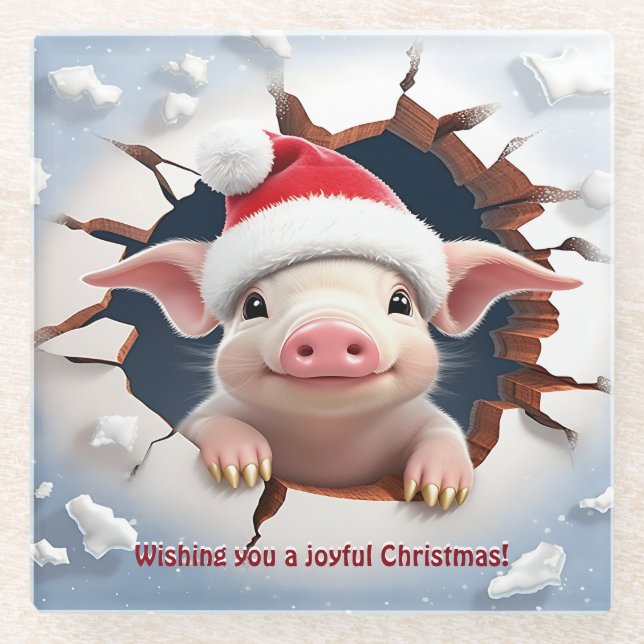 3D Piglet Christmas   Glass Coaster (Front)