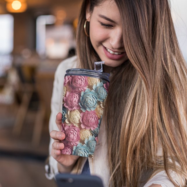 3D Pink and Blue Floral Thermal Tumbler (PINK FLORAL TUMBLER)