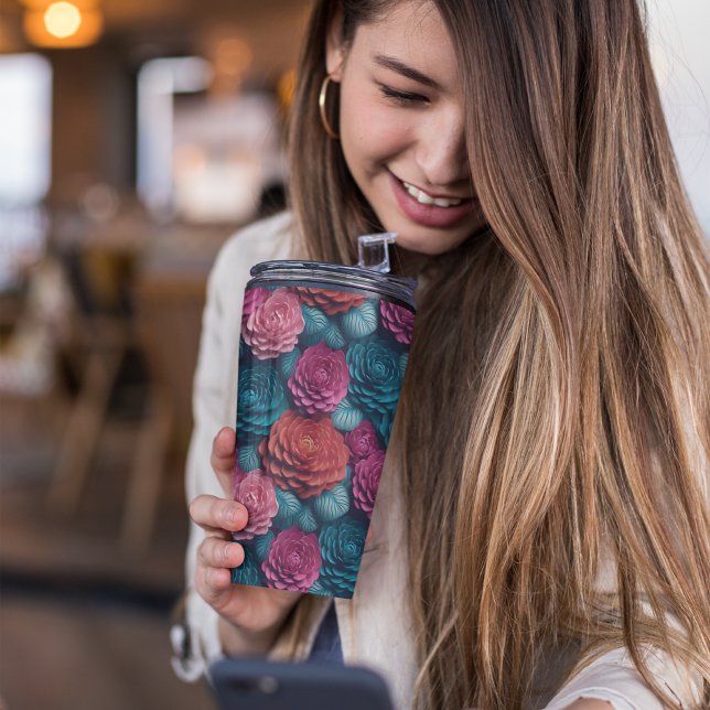 3D Pink and Blue Floral Thermal Tumbler (PINK FLORAL TUMBLER)