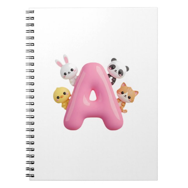 3D Pink Balloon Letter A – Forest Animals Notebook (Front)