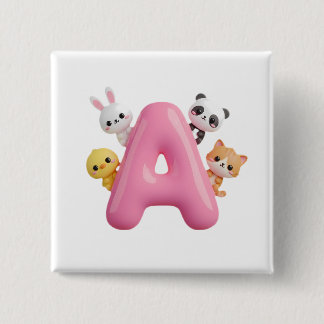 3D Pink Balloon Letter A Forest Animals Square But 15 Cm Square Badge