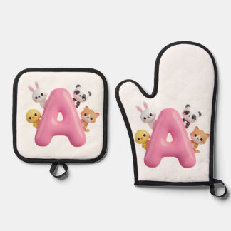 3D Pink Balloon Letter A Oven Mitt & Pot Holder Set
