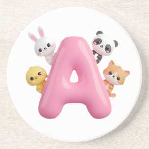3D Pink Balloon Letter A Round Sandstone Coaster