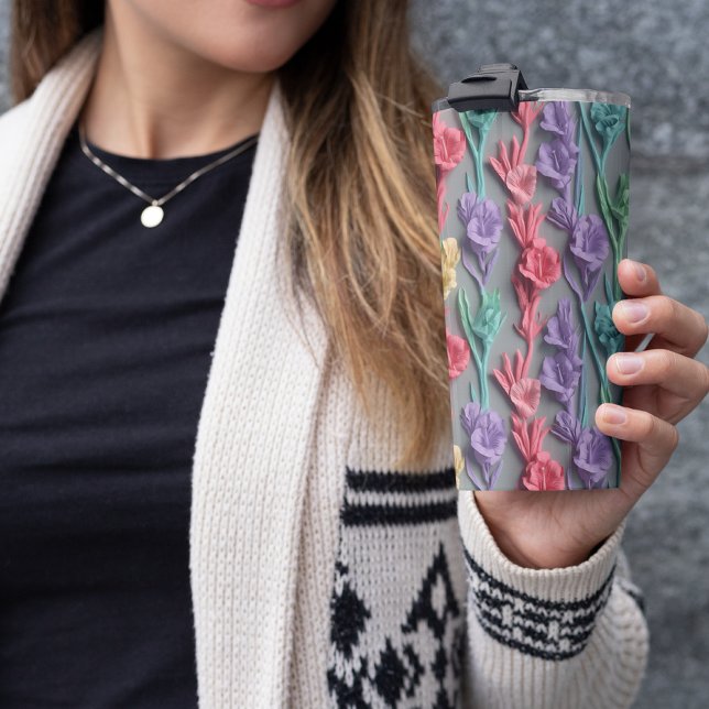 3D Pink Gladiolus Floral Thermal Tumbler (3D Pink Floral Thermal Tumbler)
