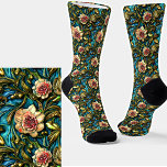 3D Pink Rose Flowers Green Leaves on Blue Socks<br><div class="desc">Blue & Yellow Cat on Purple Line Illustration on Socks - - see more great sock designs in my store.</div>
