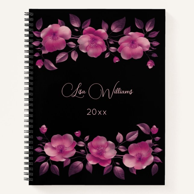 3D Pink Shiny Metallic Flowers Black Notebook (Front)