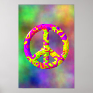 3D pink yellow psychedelic Peace Symbol on Plasma Poster