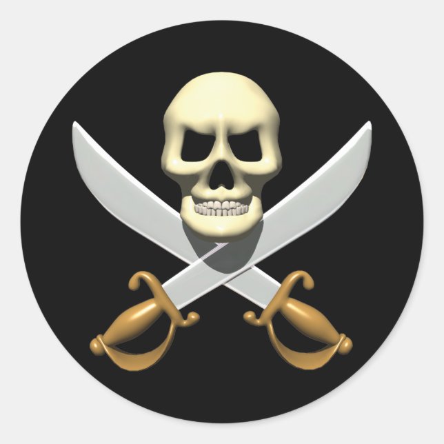 3D Pirate Skull and Crossed Swords Classic Round Sticker (Front)