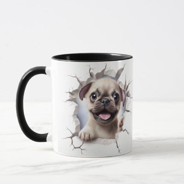 3D Pug Breaking Through Brick Wall  Mug (Left)